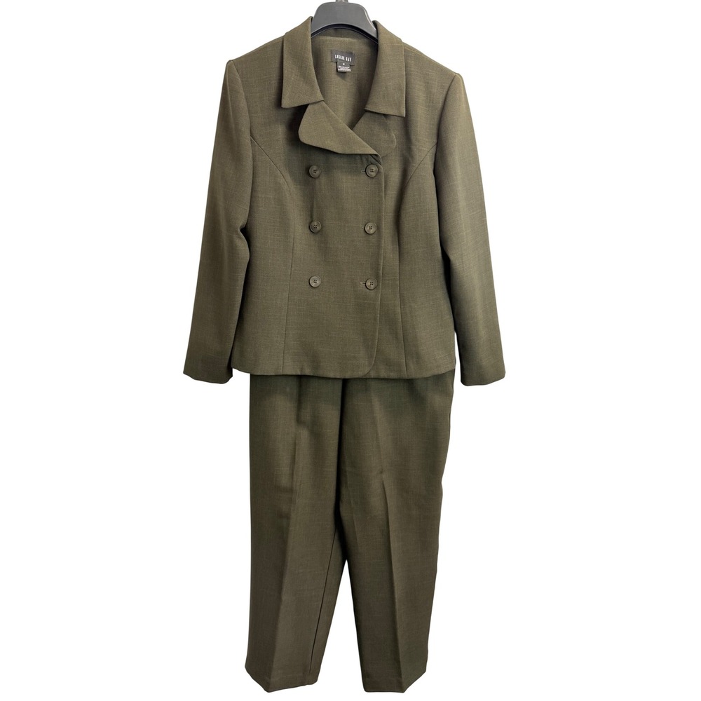 Leslie Fay Womens Olive Green Double Breasted Pant Suit Set Size 12 Vintage
